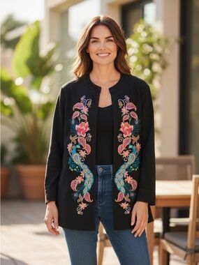 Simply Couture Black Embroidered Open-Front Peacock Jacket